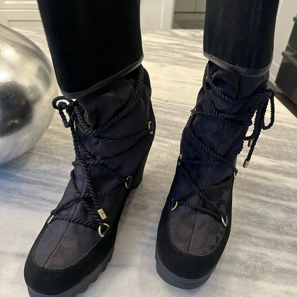 Coach classic black canvas wedge booties size 9 to a 10 worn once fall dressing